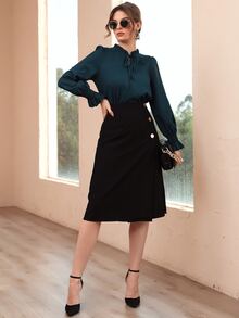 Women Blouses Frill Ruffle Dasi Depan Plain Anggun - Dark Green - View 4