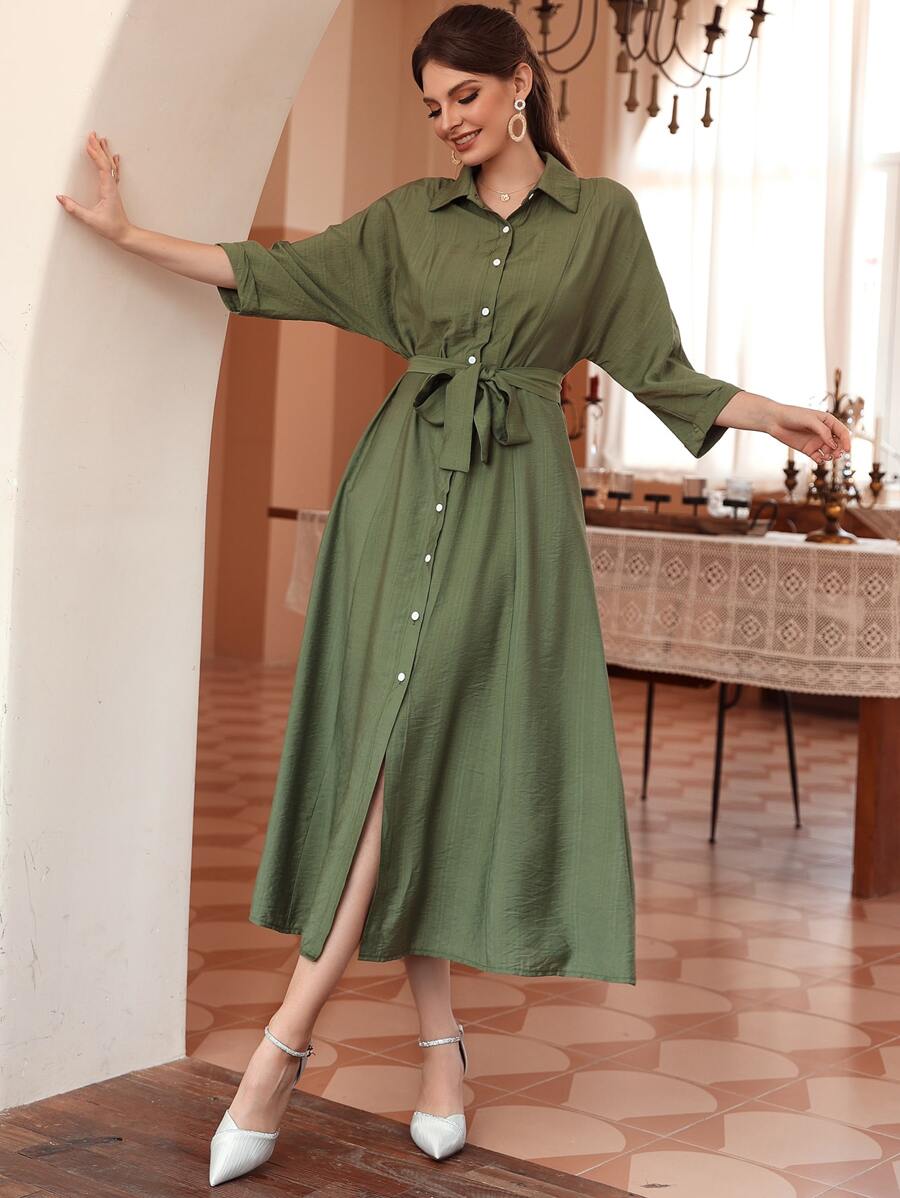 Mulvari Đầm Thắt lưng Nút phía trước màu trơn Giải trí - xanh quân đội - Xem 1