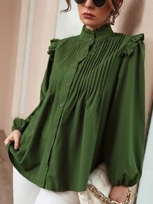 SHEIN 褶邊領百褶紐扣襯衫 - 軍綠色 - 查看 3