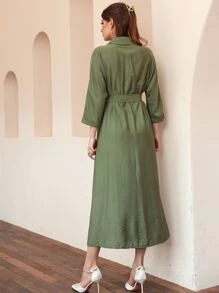 Mulvari Đầm Thắt lưng Nút phía trước màu trơn Giải trí - xanh quân đội - Xem 2