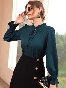 Women Blouses Frill Ruffle Dasi Depan Plain Anggun - Dark Green - View 5