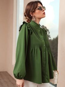 SHEIN 褶邊領百褶紐扣襯衫 - 軍綠色 - 查看 4