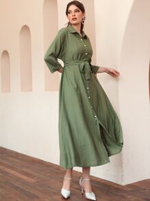 Mulvari Đầm Thắt lưng Nút phía trước màu trơn Giải trí - xanh quân đội - Xem 3