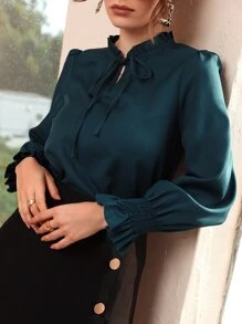 Women Blouses Frill Ruffle Dasi Depan Plain Anggun - Dark Green - View 6