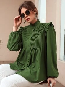SHEIN 褶邊領百褶紐扣襯衫 - 軍綠色 - 查看 5