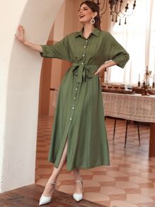 Mulvari Đầm Thắt lưng Nút phía trước màu trơn Giải trí - xanh quân đội - Xem 4