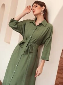 Mulvari Đầm Thắt lưng Nút phía trước màu trơn Giải trí - xanh quân đội - Xem 5