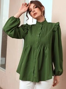 SHEIN 褶邊領百褶紐扣襯衫 - 軍綠色 - 查看 6