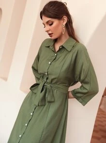 Mulvari Đầm Thắt lưng Nút phía trước màu trơn Giải trí - xanh quân đội - Xem 6