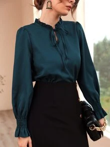 Women Blouses Frill Ruffle Dasi Depan Plain Anggun - Dark Green - View 8
