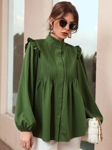 SHEIN 褶邊領百褶紐扣襯衫 - 軍綠色 - 查看 8