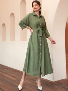 Mulvari Đầm Thắt lưng Nút phía trước màu trơn Giải trí - xanh quân đội - Xem 8