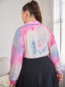 Plus Tie Dye Drop Shoulder Drawstring Hem Crop Sweatshirt - Multicolor - View 2