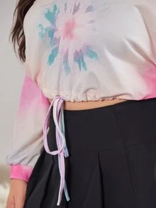 Plus Tie Dye Drop Shoulder Drawstring Hem Crop Sweatshirt - Multicolor - View 3