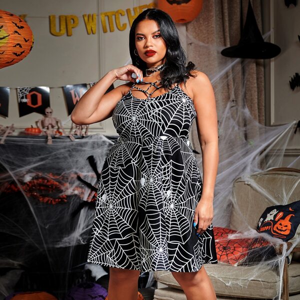 

Plus Spider Web Print Cut Out Front Dress, Black and white