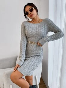 SHEIN Privé unicolor tejido de cable Suéter ajustado Vestido - Gris - Ver 3