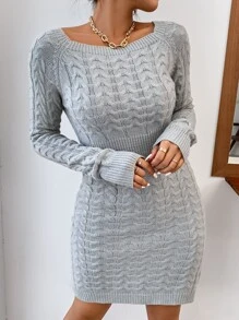 SHEIN Privé unicolor tejido de cable Suéter ajustado Vestido - Gris - Ver 4