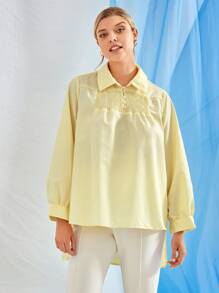 SHEIN Unity Áo sơ mi Plus Size Cao thấp Dải chun Nút phía trước màu trơn Boho - Màu vàng - Xem 1
