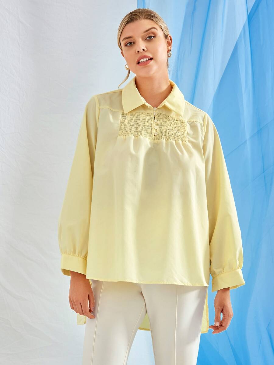 SHEIN Unity Áo sơ mi Plus Size Cao thấp Dải chun Nút phía trước màu trơn Boho - Màu vàng - Xem 1