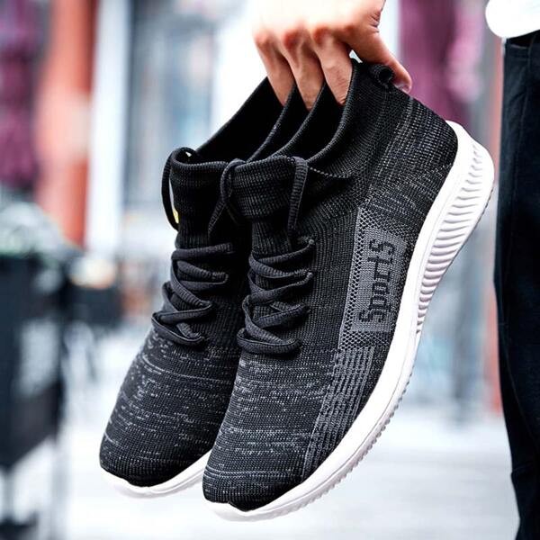 

Men Letter Detail Knit Detail Lace-up Front Sneakers, Black