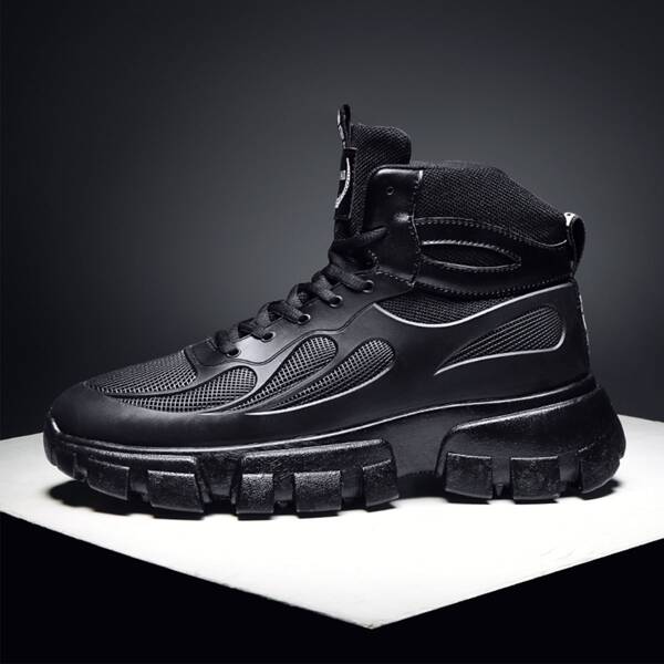 

Men Letter Patch Breathable High Top Lace-up Front Sneakers, Black