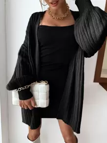 SHEIN Privé Ribbed Knit Lantern Sleeve Cardigan - Black - View 1