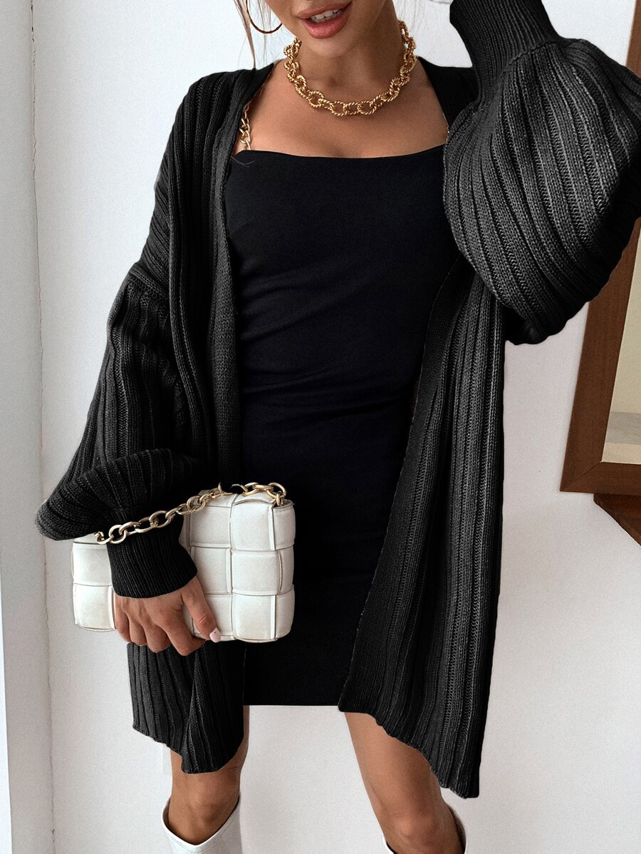 SHEIN Privé Ribbed Knit Lantern Sleeve Cardigan - Black - View 1