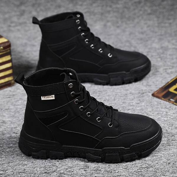 

Men Stitch Detail Lace-up Front Boots, Black
