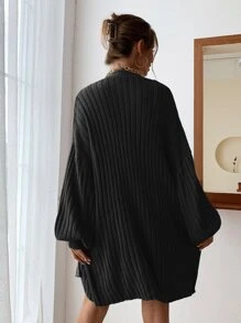SHEIN Privé Ribbed Knit Lantern Sleeve Cardigan - Black - View 2