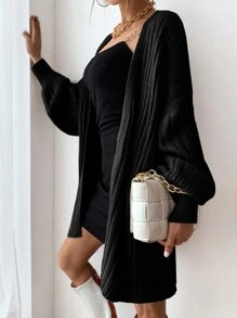 SHEIN Privé Ribbed Knit Lantern Sleeve Cardigan - Black - View 3
