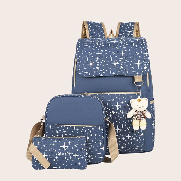 

3pcs Star Graphic Flap Backpack Set, Blue