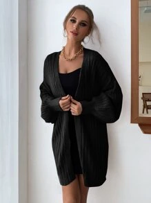 SHEIN Privé Ribbed Knit Lantern Sleeve Cardigan - Black - View 5