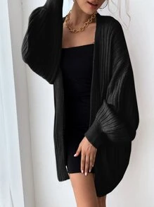 SHEIN Privé Ribbed Knit Lantern Sleeve Cardigan - Black - View 6