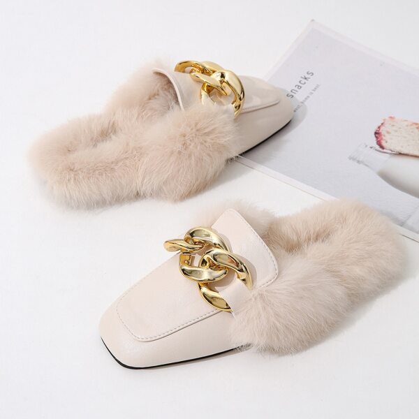 

Chain Decor Fluffy Flat Mules, Beige