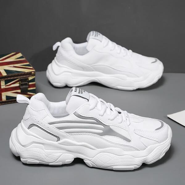 

Men Striped Pattern Lace Up Front Chunky Sneakers, White