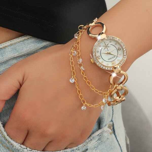 

Chain Strap Rhinestone Decor Round Pointer Quartz Watch