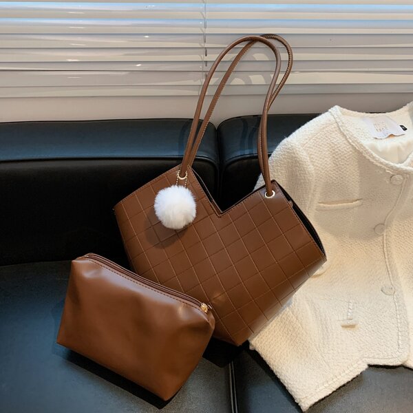 

Quilted Tote Bag With Inner Pouch, Brown