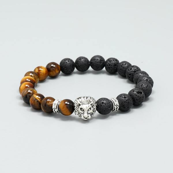 

Men Lion Decor Beaded Bracelet, Multicolor