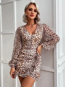 Eilly Bazar Leopard Print Lantern Sleeve Ruffle Trim Bodycon Dress - Multicolor - View 1