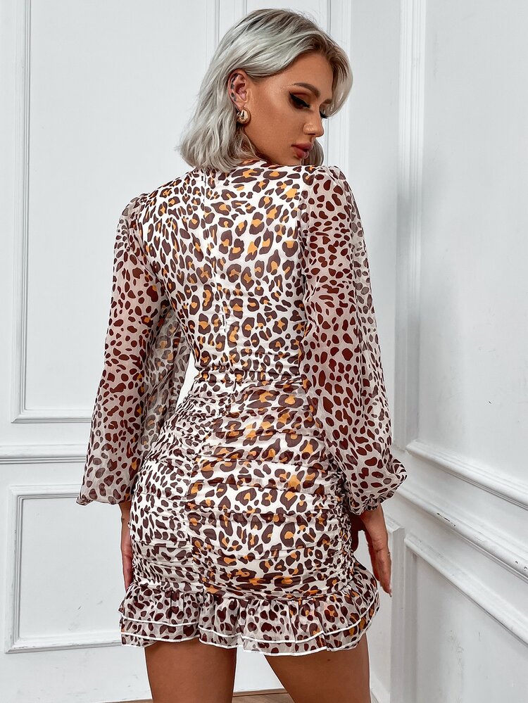 Eilly Bazar 豹紋印花燈籠袖荷葉邊緊身洋裝 - 彩色 - 查看 2