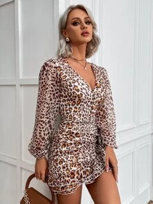 Eilly Bazar Leopard Print Lantern Sleeve Ruffle Trim Bodycon Dress - Multicolor - View 4