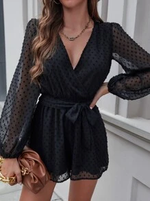 SHEIN Clasi Mono de cuello cruzado de manga farol con cinturón de lunares de gasa