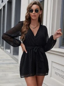 SHEIN Clasi Mono de cuello cruzado de manga farol con cinturón de lunares de gasa