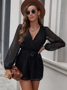 SHEIN Clasi Mono de cuello cruzado de manga farol con cinturón de lunares de gasa