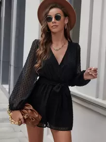 SHEIN Clasi Mono de cuello cruzado de manga farol con cinturón de lunares de gasa