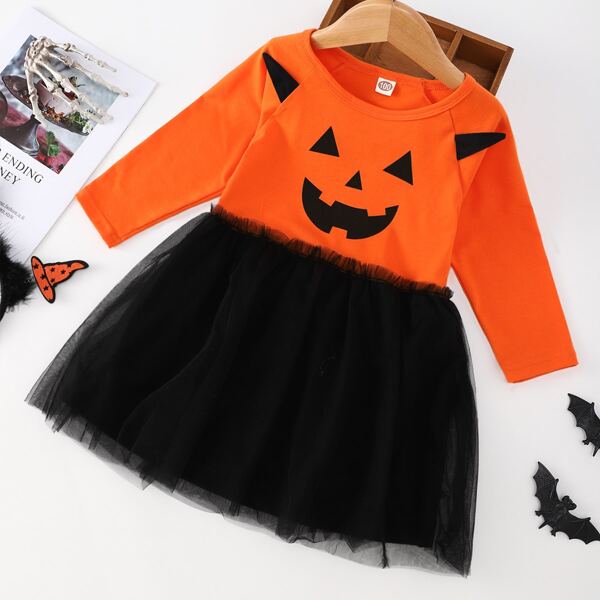 

Toddler Girls Halloween Print Contrast Mesh Dress, Multicolor