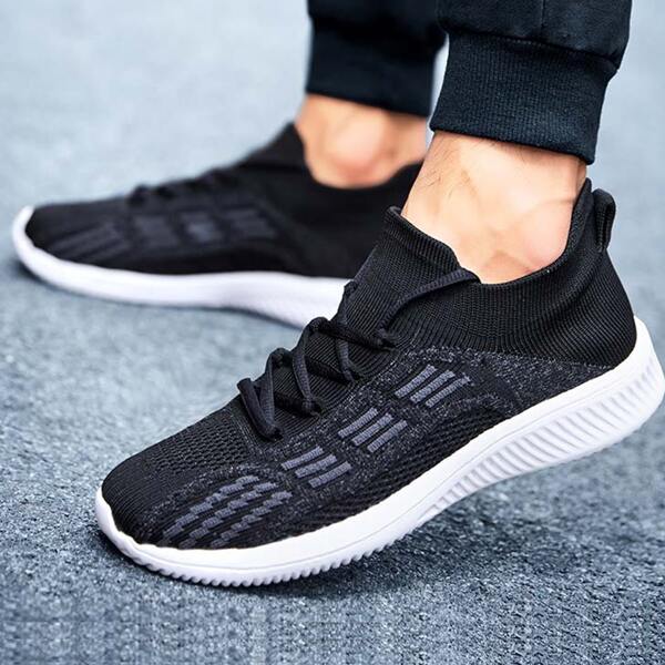 

Men Knit Detail Lace Up Design Sneakers, Black