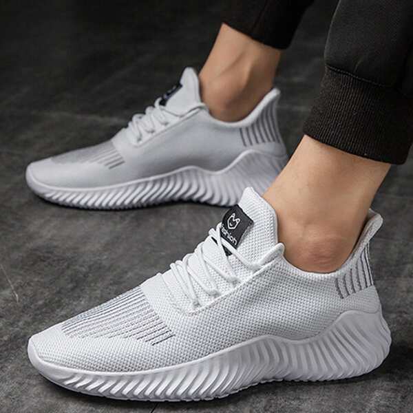 

Men Lace Up Decor Knit Sneakers, White