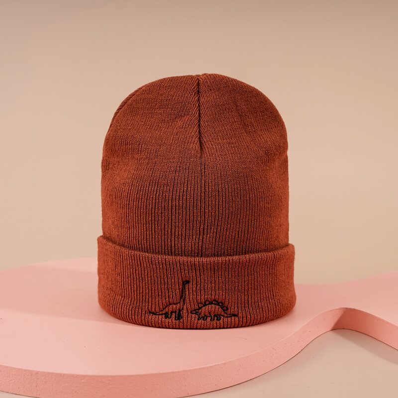 

Dinosaur Embroidered Knitted Hat, Rust brown