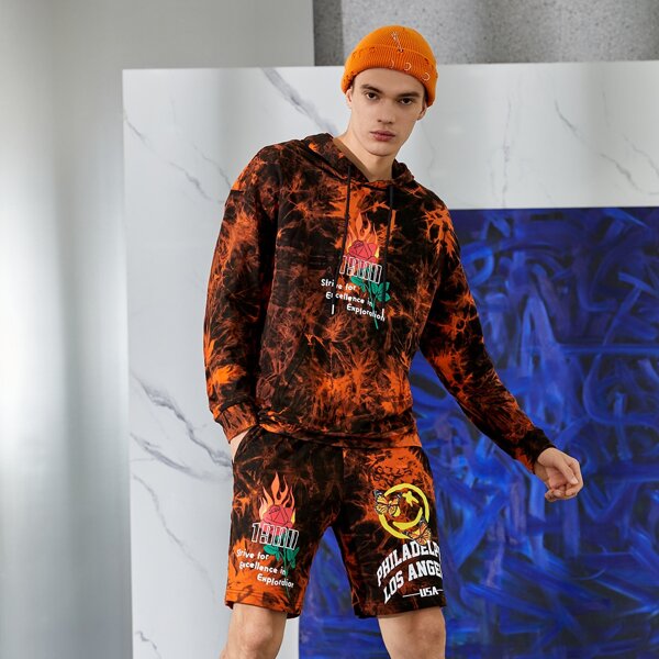 

Men Tie Dye Floral & Slogan Graphic Hoodie & Shorts Set, Multicolor